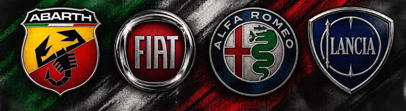 Τα σήματα των Abarth, Fiat, Alfa Romeo και Lancia σε φόντο με τα χρώματα της ιταλικής σημαίας