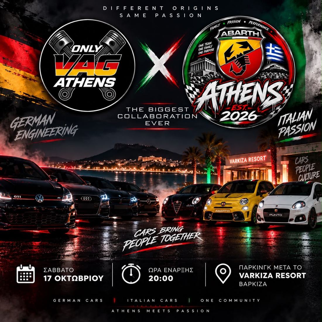 Αφίσα: Only VAG Athens × Abarth Club GR, Σάββατο 17 Οκτωβρίου, 20:00, Varkiza Resort